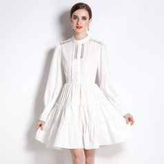 Fashion Temperament Stand-Up Collar Lantern Sleeve Hollowed Out Flower High Waist Celebrity Dress