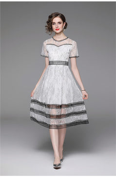 Lace Sexy Temperament Slimming Waist Show Round Neck Short Sleeve MIDI Dress