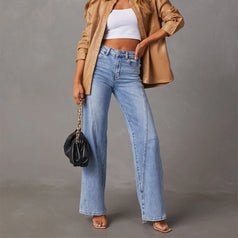 Summer Fashion Casual Low-Waist Patched Wide-Leg Long Denim Pant for Women