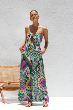 Summer Printed Cutout Waisted Smocked Wide-Leg Jumpsuit for Women