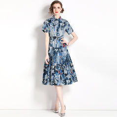Printed Lapel Short Sleeve Waist Slimming Mid-Length Dress