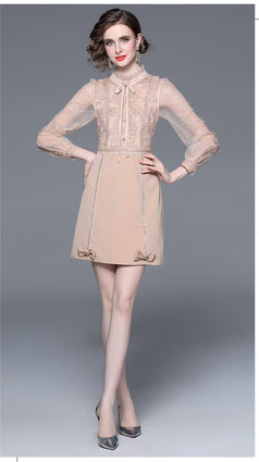 Vintage Mesh Stitching Embroidery Temperament Fashion Long-Sleeved Skirt Dress