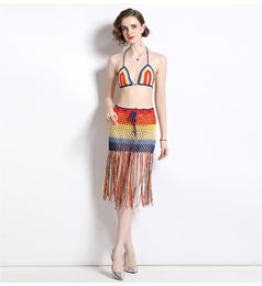 Hollowed Out beach Holiday Style Fashion Hanging Neck Wipe Chest Suspender and High Waist Tassel Sexy Bag Buttock Skirt Suit