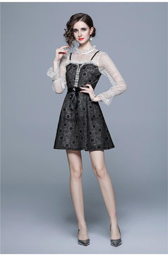 Narrow Waist to Show Thin Temperament Retro Small Fragrance Skirt Long Sleeved Skirt Dress