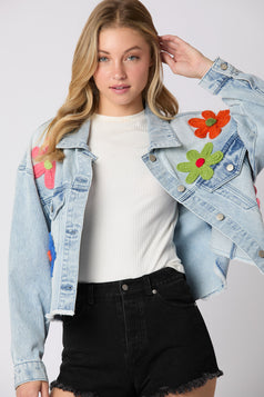 Spring Fashion Polo-Neck Three-Dimensional Printed Long Sleeve Denim Jacket for Women