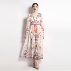 Temperament V-Neck Vintage Print Long-Sleeved Full-Length Dress with Waist Tucked in