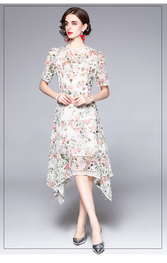 Printed Embroidery Hollowed Out Fashion Irregular Dress
