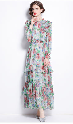 Long Sleeve Bubble Sleeve Big Swing Pinted Cake Dress