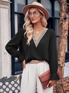 Casual Versatile V-Neck Lace-Trimmed Loose Ruffled Long Sleeve Top for Women