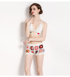 Knitted Hollowed Out V-Neck Strapless Top and Wide-Leg Shorts Two-Piece Suit