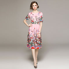 Fashion Garden Style Flower Print Short Sleeve Dress with Lining Cloth