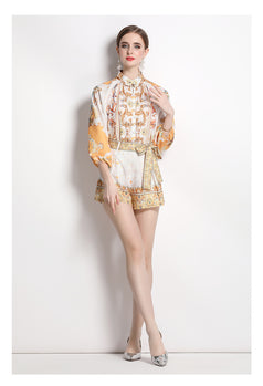 Women's Loose Long Sleeve Printed Shirt and Shorts Two Piece Suit