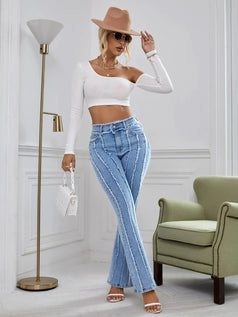 Fashionable and Versatile High-waisted Denim Pant with Slightly Flared Edges for Women