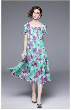 Seaside Resort Print Peplum One-Line Neck MIDI Dress