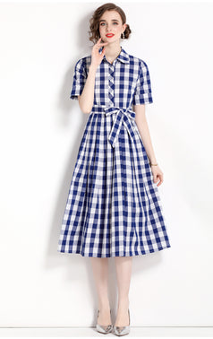 Vintage Lapel Short Sleeve Waist Tucked Long Skirt Plaid Print Dress