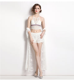 Lace Embroidery Mid-Length Sunscreen Cardigan Three-Piece Vest Set Wide Leg Pants