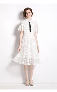 Retro Temperament Slimming Short-Sleeved MIDI Dress White Lace Dress