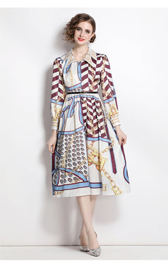 Fashion Vintage Print Dress Lapel Long-Sleeved Temperament Slim MIDI