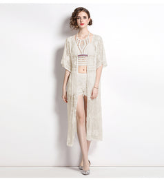 Lace Embroidery Mid-Length Sunscreen Cardigan Three-Piece Vest Set Wide Leg Pants
