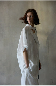 Tencel Ribbon Swing Collar Short-Sleeved Shirt, Soft Women's Blouse