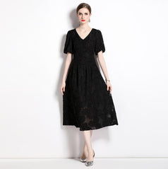 Temperament Jacquard V-Neck Slim Slimming Skirt Dress with Bubble Sleeves