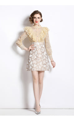 Temperament Lace Patchwork Jacquard Waist slimming A-Line Skirt Dress