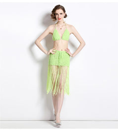 Leisure Vacation Sexy Knitted Suspender Vhest Erase and Tassel Short Skirt Two Piece Suit