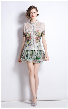 Vintage Lace Short Sleeve Top and Mesh A-Line Printed Half Skirt Suit Skirt