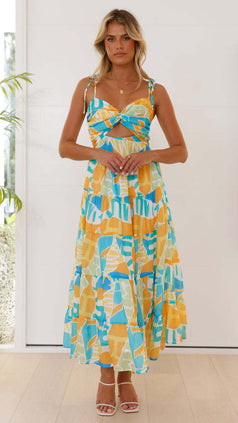 Summer Fashion Casual Printed Cutout Waisted Holiday-Style Slip Dress for Women
