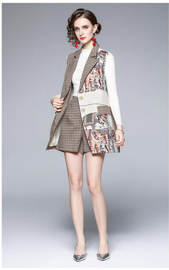 Color Matching Plaid Vest Coat and Short Two-Piece Suits