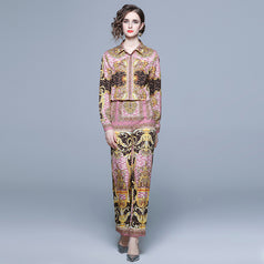 Printed Long-Sleeved Shirt Wide-Leg Pants Suit Women's Two-Piece Autumn Clothes New