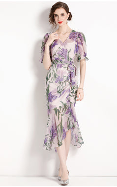Printed Chiffon Fold Waist Slimming Lantern Sleeve Dress Long Skirt
