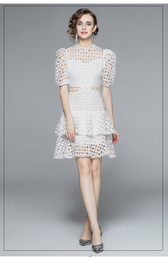 White Water-Soluble Lace Dress Summer Temperament Hollowed Out Small Fairy Bubble Sleeves High Waist Pommel Skirt