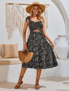 Summer Casual Printed Smocked Drawstring-Tied Cutout Slip Dress for Women