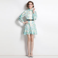 Sweet Print Water-Soluble Hook Flower Hollowed Out Bubble Long-Sleeved Skirt Dress Peplum