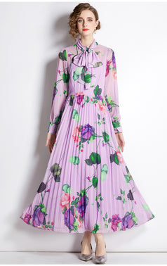 Vintage Floral Long-Sleeved Long Skirt Pleated Skirt Slim Dress