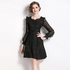 Fashion Show Slim Patchwork Receive Waist Temperament Peplum Long-Sleeved Jacquard Dress