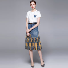New Women's Crew Neck Short Sleeve T-shirt and Temperament Fashion Ftitching Denim Skirt Two-Piece Suit