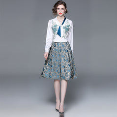 Women's Fashion Applique Embroidery Long-Sleeved Shirt and Mid-Length Skirt Two-Piece Set
