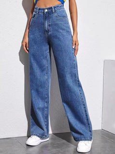 Spring Fashion Hight-Waist Loose Wide-Leg Straight Denim Pant for Women