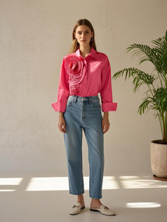 Spring and Autumn Fashionable Lapel Pleated Floral Long-Sleeved Blouse for Women