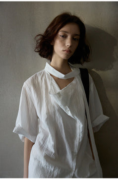 Tencel Ribbon Swing Collar Short-Sleeved Shirt, Soft Women's Blouse