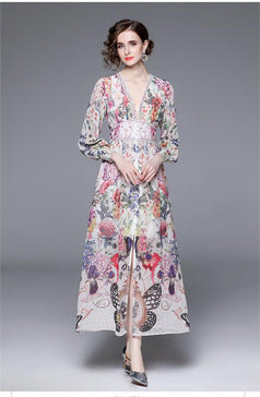 Resort Style V-Neck Vintage Print Long-Sleeved Full-Length Dress With Waist Tucked in