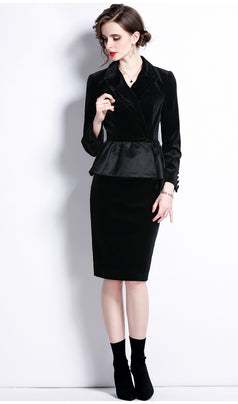 Temperament Retro Show Slim High Waist Velvet Long Sleeve Top and Package Hip Skirt Suit