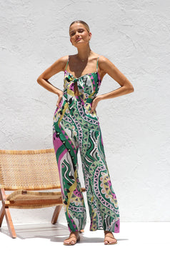 Summer Printed Cutout Waisted Smocked Wide-Leg Jumpsuit for Women