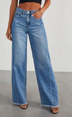 Summer Fashion Versatile Wide-Leg Washed Denim Pant with Frayed Edges for Women