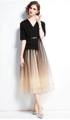 Suit Mesh Stitching Long Skirt