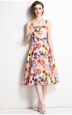 Fashion Holiday Style Floral Dress Vintage Print Suspender Skirt MIDI Skirt