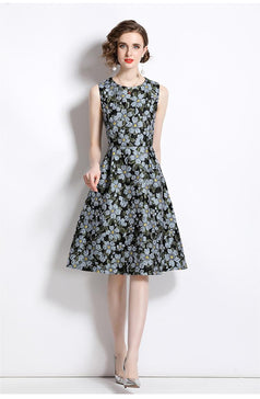 Sundress Socialite Temperament Jacquard Crewneck Sleeveless Mid-Length Dress