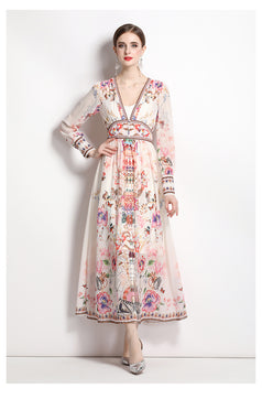 Temperament V-Neck Vintage Print Long-Sleeved Full-Length Dress with Waist Tucked in